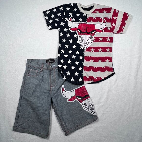 Red Ape Youth Size 8 Small Shorts and Shirt Set Bull Logo Red White Blue - Picture 9 of 9